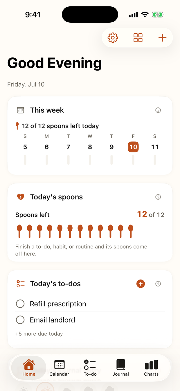 Spoon Manager Home — spoons left today, to-dos, and journal