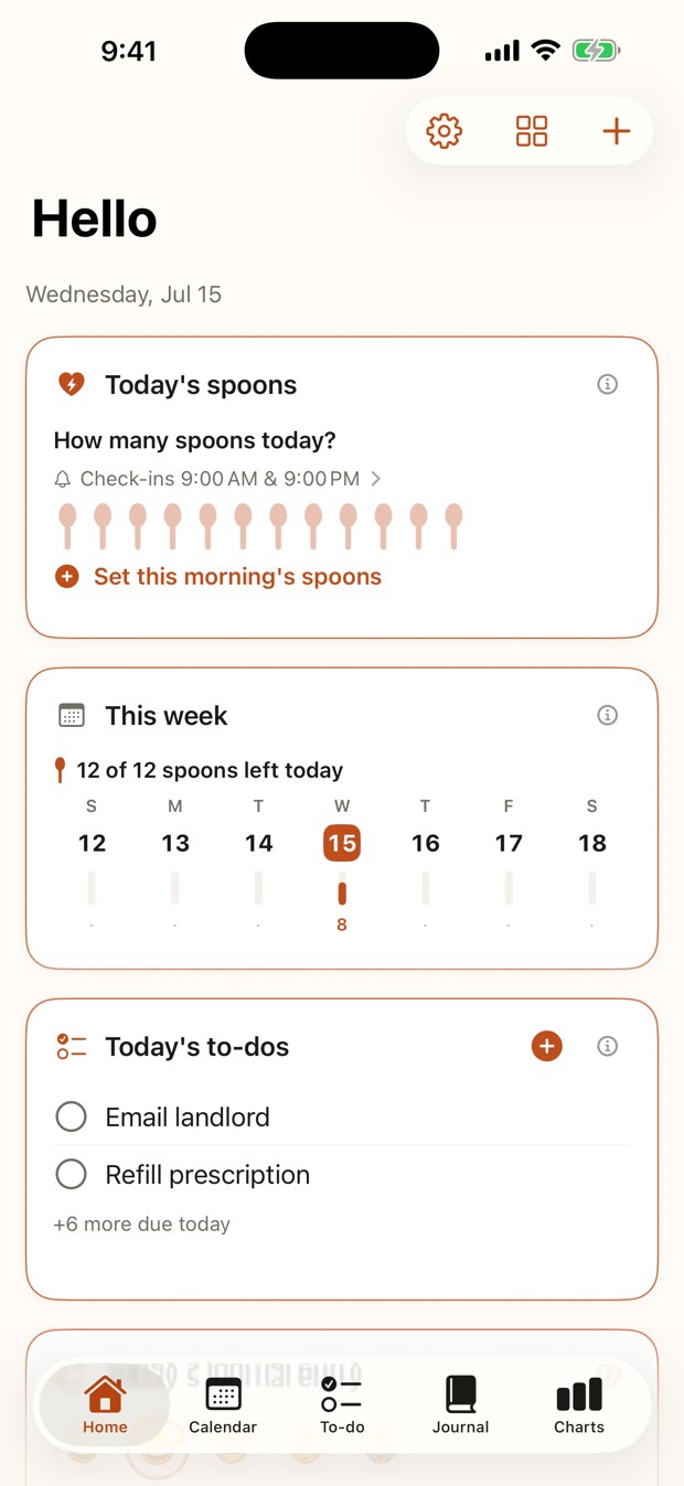 Spoon Manager Home — spoons left today, to-dos, and journal