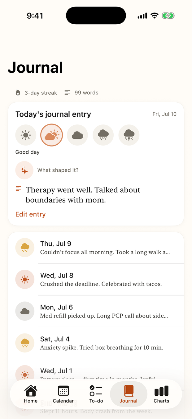 Daily journal with a one-tap mood and reflection