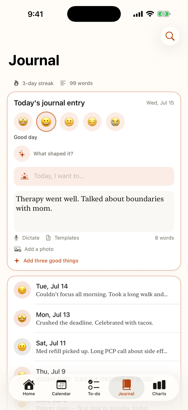 Daily journal with a one-tap mood and reflection